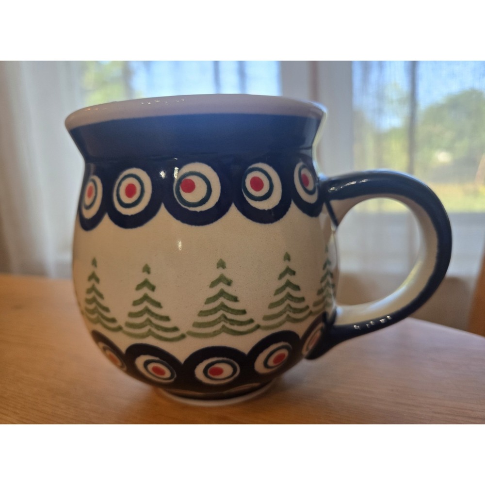 Polish Pottery Coffee Bubble Mug Christmas Tree Pine Pattern Hand Painted Cup